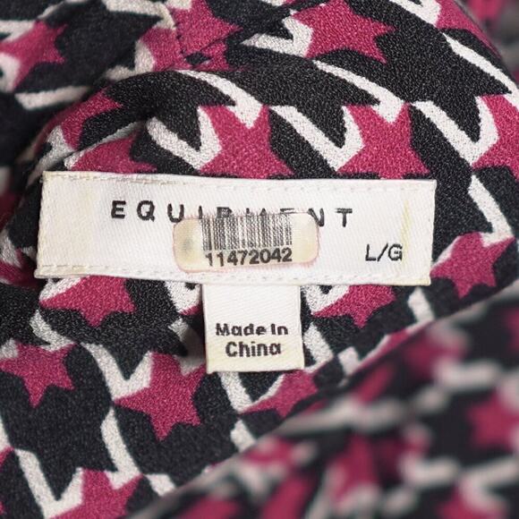 Equipment Blouse Tie Neck Collared Preppy Long Sleeve Burgundy Houndstooth , L - Picture 3 of 6